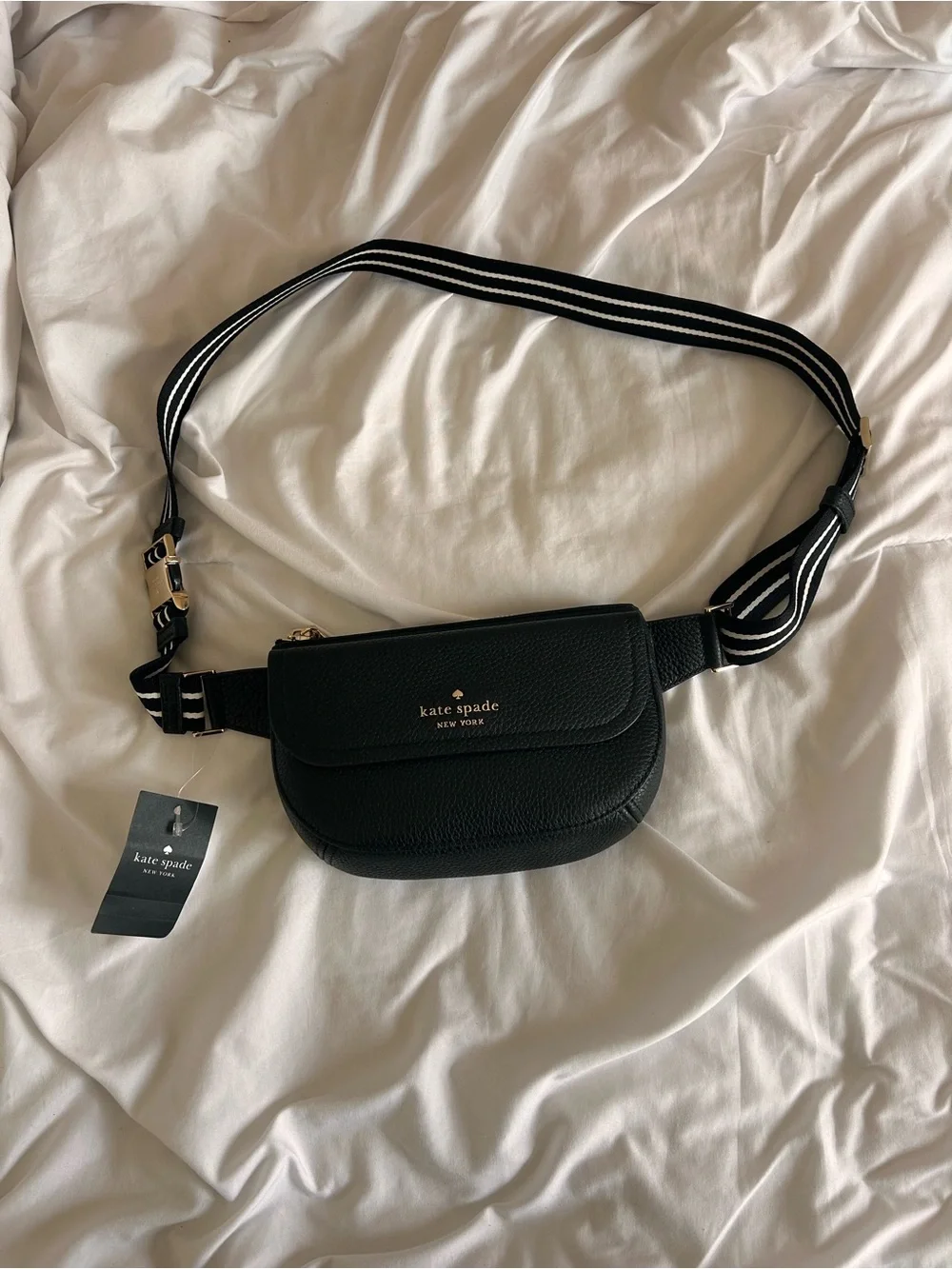 kate spade Black Leather Crossbody/Belt Bag with Striped Strap
